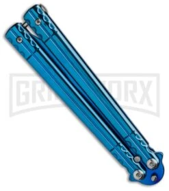 Chalkhill Balisong Black Butterfly Knife - Blue Tanto -Kershaw Store Blue Balisong Clip Point Butterfly Knife Blue Finish GX 37656 td spine large