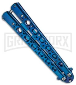 Blue Balisong Trainer Butterfly Knife - Blue Dull -Kershaw Store Blue Balisong Trainer Butterfly Knife Blue Finish GX 37659 td side large