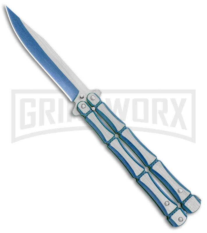 Blue Bone Balisong Drop Point Butterfly Knife - 2 Tone Plain 3 Blue Bone Balisong Drop Point Butterfly Knife - 2 Tone Plain