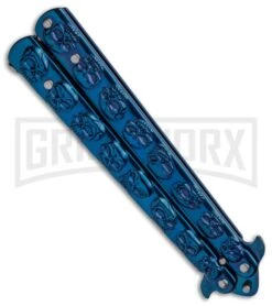 Blue Skull Balisong Blue Butterfly Knife - Blue Plain -Kershaw Store Blue Skull Balisong Butterfly Knife Blue GX 37632 td side large