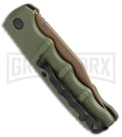 Boker Kalashnikov Desert Warrior Bowie Automatic Knife - Copper Plain -Kershaw Store Boker Kalashnikov Bowie Auto Desert Warrior OD Green Copper 01KALS22N BHQ 17106 jr side 2 large