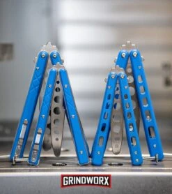 Boker Plus Mini Balisong Blue Skeletonized Trainer Knife - Satin Dull -Kershaw Store Boker Plus Balisong Trainer Butterfly Knife Blue G 10 Satin 01BO713 BHQ 99634 kp cnc web large 1