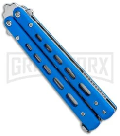Boker Plus Mini Balisong Blue Skeletonized Trainer Knife - Satin Dull -Kershaw Store Boker Plus Mini Balisong Trainer Blue Holes G 10 Satin 01BO715SOI BHQ 99636 jr spine large