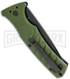 Boker Plus Strike OD Green Automatic Knife - Drop Point Black Plain 8 Boker Plus Strike OD Green Automatic Knife - Drop Point Black Plain -Kershaw Store Boker Plus Strike DP Auto OD Green Black BHQ 97033 jr side large