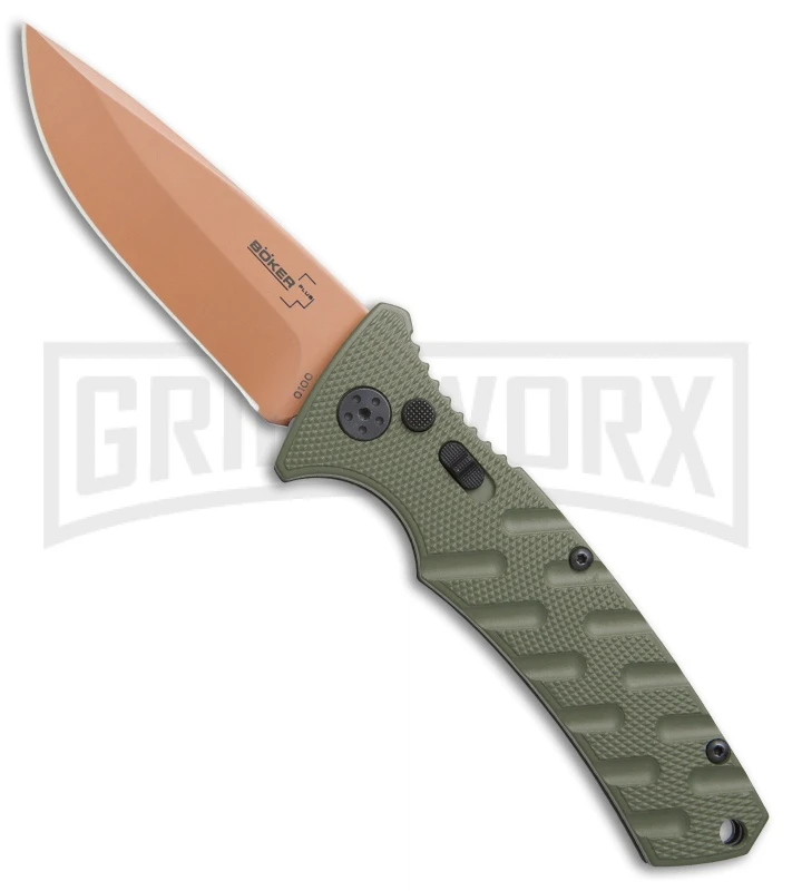 Boker Plus Strike Desert Warrior OD Green Automatic Knife - D2 Drop Point Copper 3 Boker Plus Strike Desert Warrior OD Green Automatic Knife - D2 Drop Point Copper