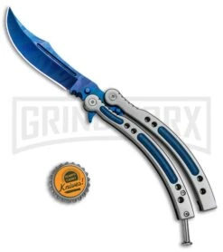 Andux CS Gray Balisong Butterfly Knife W/ Blue Inlays - Bowie Blue Plain -Kershaw Store Butterfly Blue Inlay Gray BF310477 4 BHQ 81129 jr bottlecap large