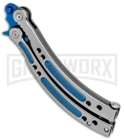 Andux CS Gray Balisong Butterfly Knife W/ Blue Inlays - Bowie Blue Plain -Kershaw Store Butterfly Blue Inlay Gray BF310477 4 BHQ 81129 jr spine large