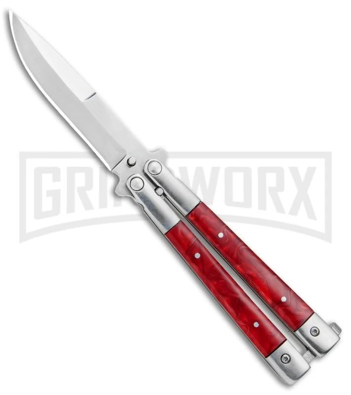 Noble Flipper Red Marble Balisong Butterfly Knife - Satin Plain 3 Noble Flipper Red Marble Balisong Butterfly Knife - Satin Plain