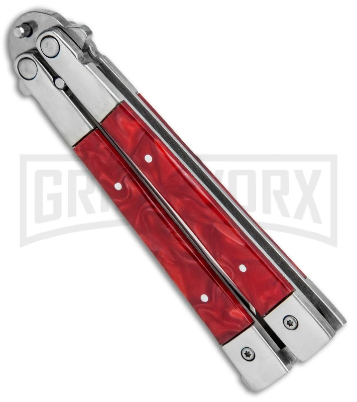 Noble Flipper Red Marble Balisong Butterfly Knife - Satin Plain 5 Noble Flipper Red Marble Balisong Butterfly Knife - Satin Plain - Image 3