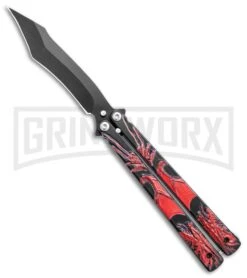 Chalkhill Balisong Butterfly Knife - Black/Red Dragon Handles - Black Plain