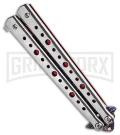 Chalkhill Balisong Patterned Butterfly Knife - Dotted Silver Handle With Red -Kershaw Store Chalkhill Balisong Paterned Butterfly Knife Dotted Silver Handle With Red GX 37648 td side large