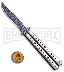 Chalkhill Balisong Patterned Butterfly Knife - Dotted Silver Handle With Red -Kershaw Store Chalkhill Balisong Paterned Butterfly Knife Dotted Silver Handle With Red GX 37648 td size large