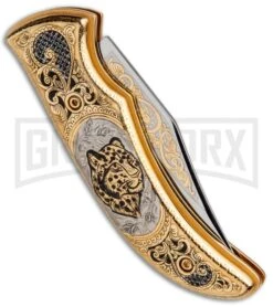 Custom Russian Gold Leopard Automatic Knife - Polish Plain 10 Custom Russian Gold Leopard Automatic Knife - Polish Plain -Kershaw Store Custom Russian Gold Leopard Auto Polish RV HC3 LEOPARD GX 31048 jr side large