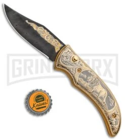 Custom Russian Gold Lion Automatic Knife - Damascus Plain -Kershaw Store Custom Russian Gold Lion Auto Damascus RV HC3 LION DAM GX 31050 jr bottlecap large