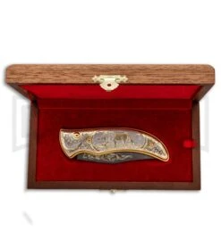 Custom Russian Gold Lion Automatic Knife - Damascus Plain -Kershaw Store Custom Russian Gold Lion Auto Damascus RV HC3 LION DAM GX 31050 jr box large