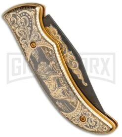 Custom Russian Gold Lion Automatic Knife - Damascus Plain -Kershaw Store Custom Russian Gold Lion Auto Damascus RV HC3 LION DAM GX 31050 jr side large