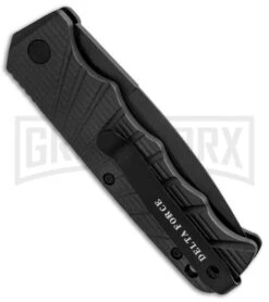 Delta Force Automatic Knife Black Aluminum - Black Partially Serrated 8 Delta Force Automatic Knife Black Aluminum - Black Partially Serrated -Kershaw Store Delta Force Auto Black Molded Plastic Black Partially Serrated GX 33539 jr side large