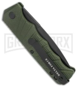 Delta Force Automatic Knife OD Green Aluminum Drop Point - Black Serr -Kershaw Store Delta Force Auto OD Green Aluminum DP Black Serr GX 38233 jr side large