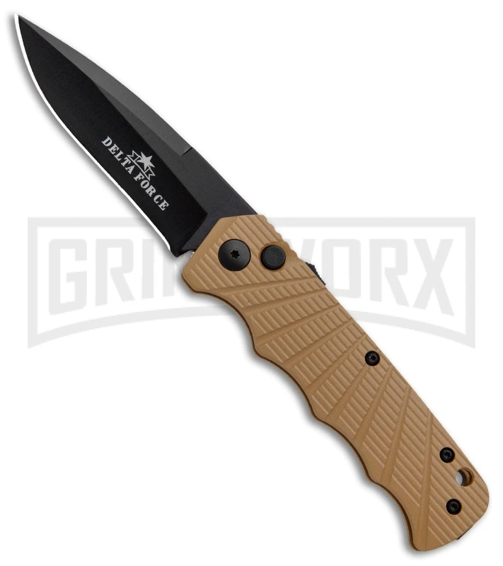 Delta Force Automatic Knife Tan Aluminum - Black Plain 3 Delta Force Automatic Knife Tan Aluminum - Black Plain
