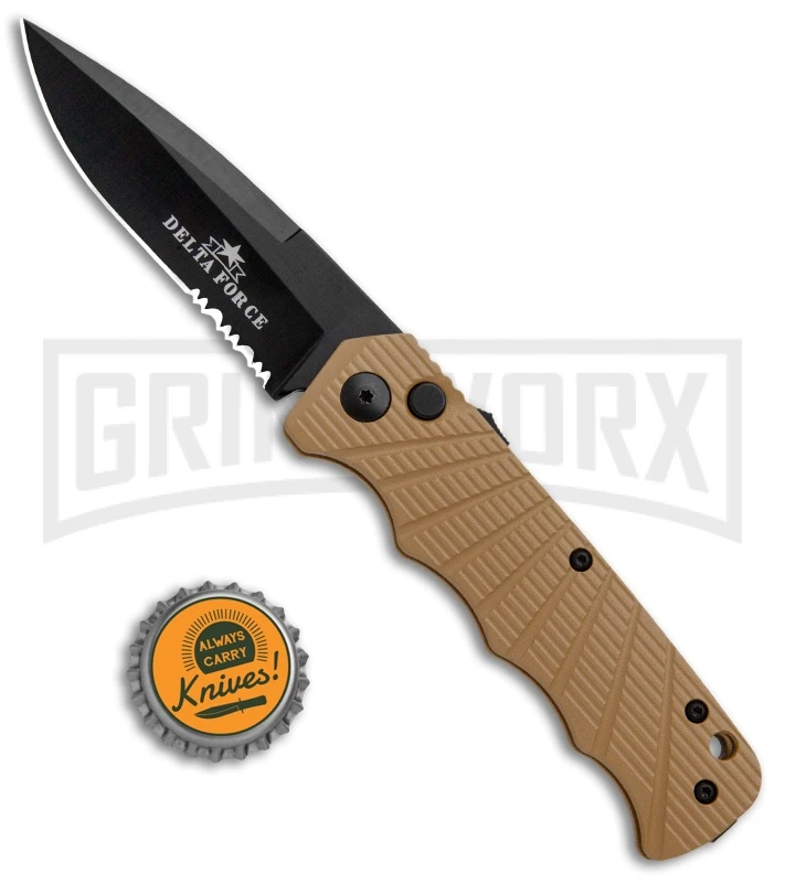 Delta Force Automatic Knife Tan Aluminum - Black Serrated 6 Delta Force Automatic Knife Tan Aluminum - Black Serrated - Image 4