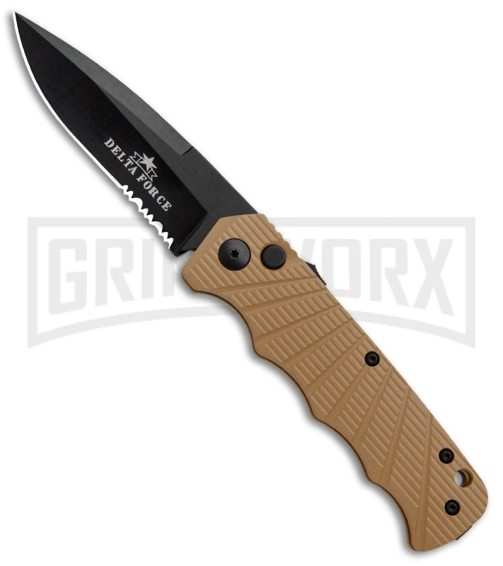 Delta Force Automatic Knife Tan Aluminum - Black Serrated 3 Delta Force Automatic Knife Tan Aluminum - Black Serrated
