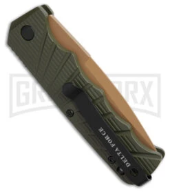 Delta Force Automatic Knife OD Green Aluminum Drop Point - Tan Plain 7 Delta Force Automatic Knife OD Green Aluminum Drop Point - Tan Plain -Kershaw Store Delta Force Automatic Knife OD Green Aluminum Drop Point Tan Plain GX 42318 td side large