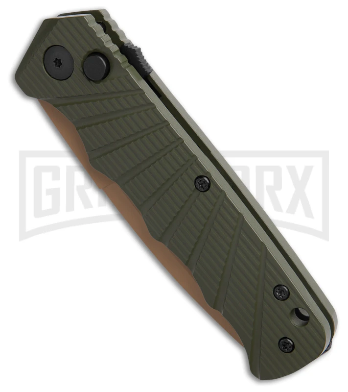 Delta Force Automatic Knife OD Green Aluminum Drop Point - Tan Plain 4 Delta Force Automatic Knife OD Green Aluminum Drop Point - Tan Plain - Image 2