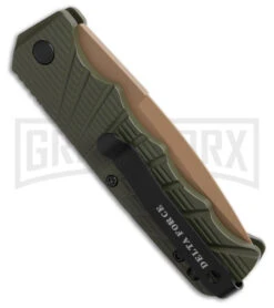 Delta Force Automatic Knife OD Green Aluminum Drop Point - Tan Serr -Kershaw Store Delta Force Automatic Knife OD Green Aluminum Drop Point Tan Serr GX 42238 td side large