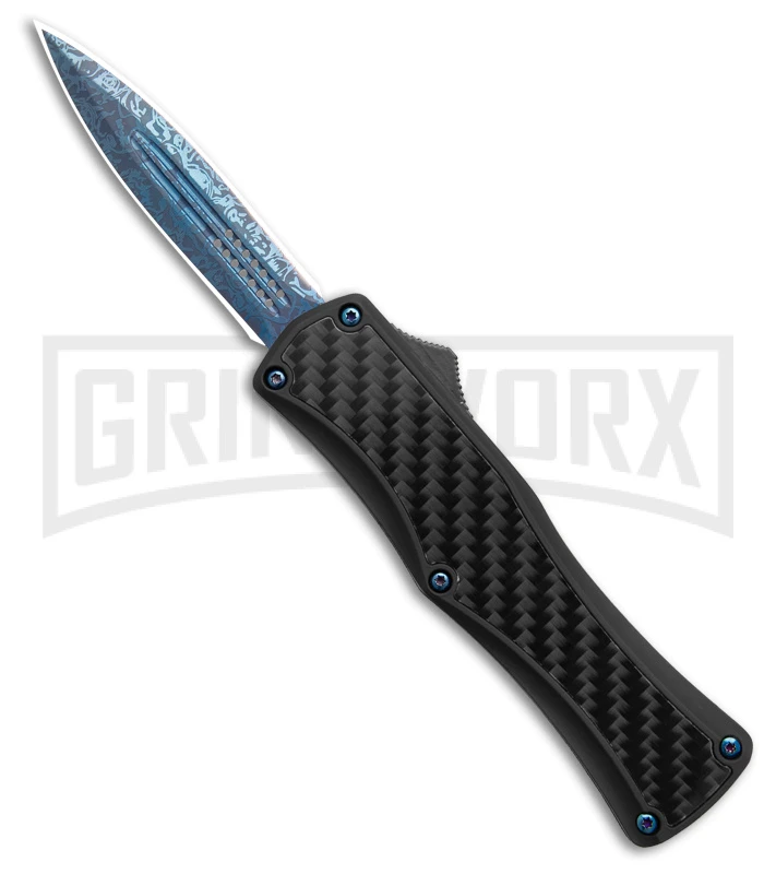 Edgeworks Carbon Fiber OTF Auto Knife Dagger - Blue Damascus Finish) 3 Edgeworks Carbon Fiber OTF Auto Knife Dagger - Blue Damascus Finish)