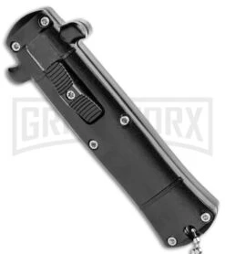 Enzo Stiletto Mini Black W/ Black Bolsters D/A OTF Automatic Knife - Satin Plain -Kershaw Store Enzo Stiletto Mini Black Black Bolsters OTF Auto Satin GX 38908 jr spine large