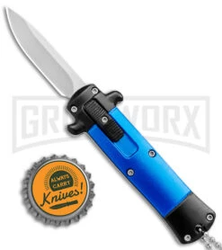 Enzo Stiletto Mini Blue W/ Black Bolsters D/A OTF Automatic Knife - Satin Plain -Kershaw Store Enzo Stiletto Mini Blue Black Bolsters OTF Auto Satin GX 38907 jr bottlecap large
