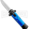 Enzo Stiletto Mini Blue W/ Black Bolsters D/A OTF Automatic Knife - Satin Plain -Kershaw Store Enzo Stiletto Mini Blue Black Bolsters OTF Auto Satin GX 38907 jr large