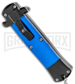 Enzo Stiletto Mini Blue W/ Black Bolsters D/A OTF Automatic Knife - Satin Plain -Kershaw Store Enzo Stiletto Mini Blue Black Bolsters OTF Auto Satin GX 38907 jr spine large