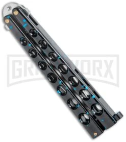 Flick Blue Balisong Butterfly Knife Black/Blue - Drop Point Satin Plain -Kershaw Store Flick Blue Balisong Butterfly DP Satin GX 36707 jr side large
