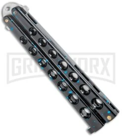 Flick Blue Balisong Butterfly Knife Black/Blue - Drop Point Satin Plain -Kershaw Store Flick Blue Balisong Butterfly DP Satin GX 36707 jr spine large