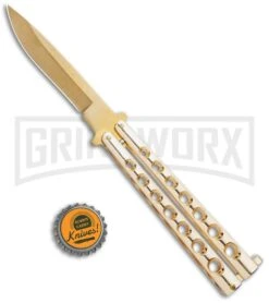 Flick Blue Balisong Butterfly Knife Gold - Drop Point Gold Plain -Kershaw Store Flick Gold Balisong Butterfly Knife Satin Gold BUTT 2036GD GX 36719 jr bottlecap large