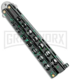 Flick Black/Green Balisong Butterfly Knife - Satin Plain 8 Flick Black/Green Balisong Butterfly Knife - Satin Plain -Kershaw Store Flick Green Balisong Butterfly Knife Satin GX 2607 jr side large