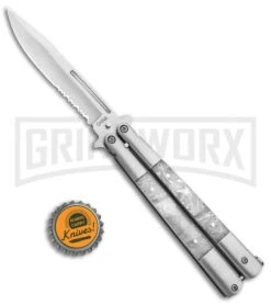 Regal White Swirl Balisong Butterfly Knife - Satin Serr -Kershaw Store Flipper White Swirl Balisong Satin Serr GC30MWT GX 31277 jr bottlecap large