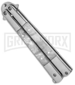 Regal White Swirl Balisong Butterfly Knife - Satin Serr -Kershaw Store Flipper White Swirl Balisong Satin Serr GC30MWT GX 31277 jr spine large