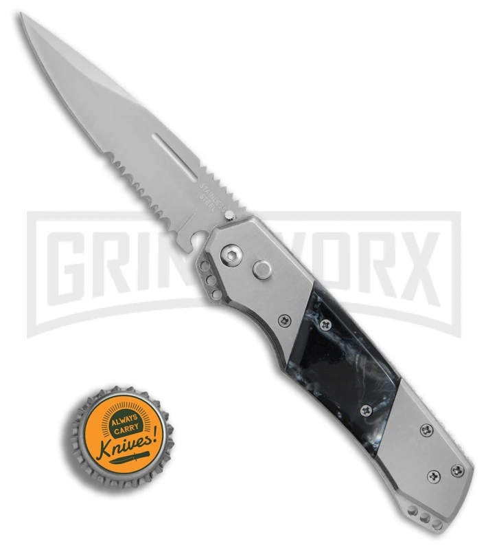 Super Knife Croc Automatic Knife Stainless W/ Black Inlay - Satin Serr 6 Super Knife Croc Automatic Knife Stainless W/ Black Inlay - Satin Serr - Image 4
