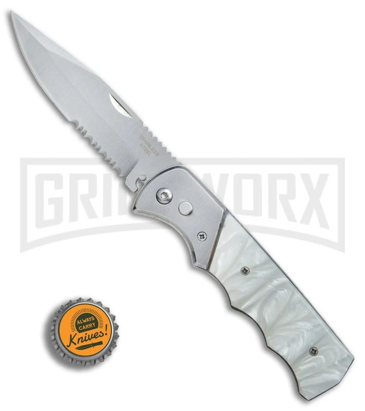 Super Knife Dingo White Acrylic Automatic Knife - Satin Serr 6 Super Knife Dingo White Acrylic Automatic Knife - Satin Serr - Image 4
