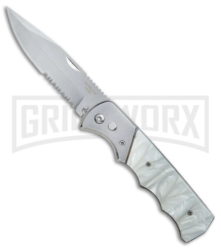Super Knife Dingo White Acrylic Automatic Knife - Satin Serr 3 Super Knife Dingo White Acrylic Automatic Knife - Satin Serr