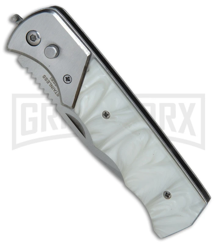 Super Knife Dingo White Acrylic Automatic Knife - Satin Serr 5 Super Knife Dingo White Acrylic Automatic Knife - Satin Serr - Image 3
