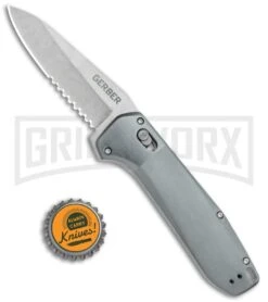 Gerber Highbrow Gray Aluminum Assisted Opening Knife- Stonewash Serrated 9 Gerber Highbrow Gray Aluminum Assisted Opening Knife- Stonewash Serrated -Kershaw Store Gerber Highbrow Assisted Opening Gray Aluminum Satin Serr BHQ 118496 jr bottlecap large