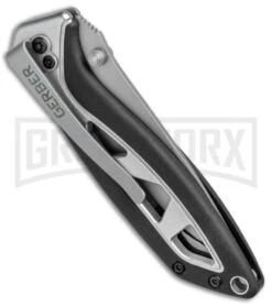 Gerber Knives Outrigger AO Black/Silver Assisted Opening Knife - Satin Serr -Kershaw Store Gerber Outrigger Satin Serr 30 000707 or 31 001944 BHQ 15559 jr side large