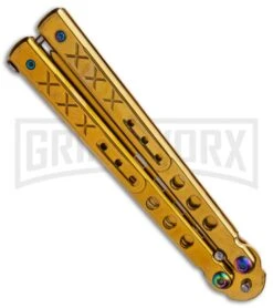 Gold Balisong Trainer Butterfly Knife - Gold Dull -Kershaw Store Gold Balisong Trainer Butterfly Knife Gold Finish GX 37657 td side large