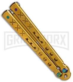 Gold Balisong Trainer Butterfly Knife - Gold Dull -Kershaw Store Gold Balisong Trainer Butterfly Knife Gold Finish GX 37657 td spine large