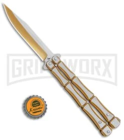 Gold Bone Balisong Drop Point Butterfly Knife - 2 Tone Plain 9 Gold Bone Balisong Drop Point Butterfly Knife - 2 Tone Plain -Kershaw Store Gold Bone Balisong DP Butterfly TT Plain GX 37370 jr bottlecap large