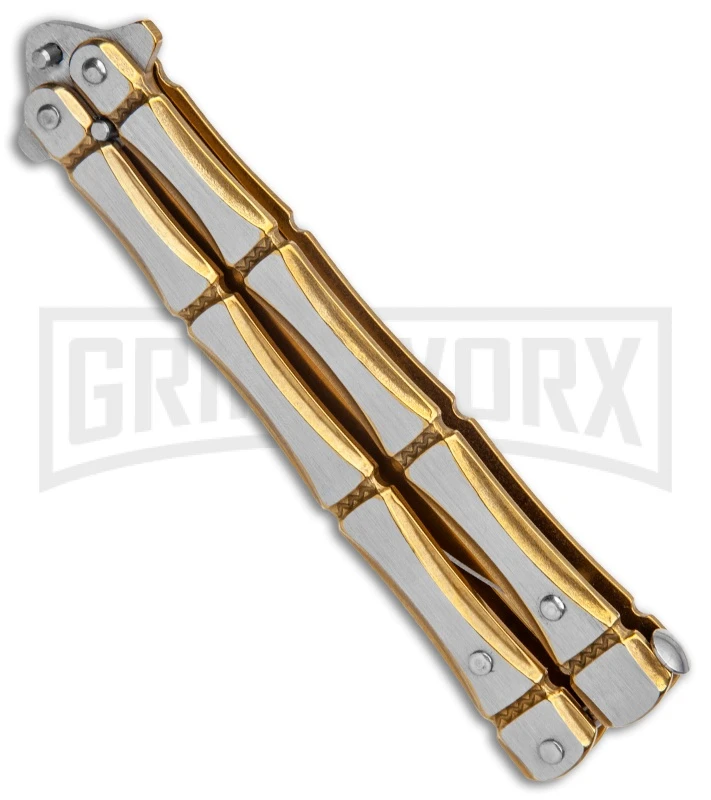 Gold Bone Balisong Drop Point Butterfly Knife - 2 Tone Plain 5 Gold Bone Balisong Drop Point Butterfly Knife - 2 Tone Plain - Image 3