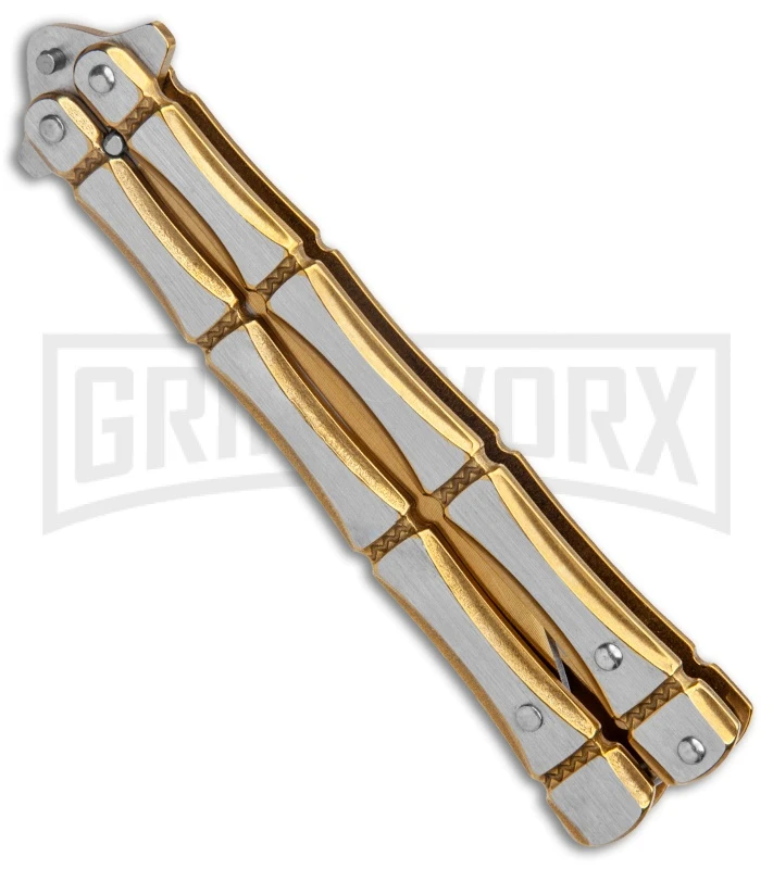 Gold Bone Balisong Drop Point Butterfly Knife - 2 Tone Plain 4 Gold Bone Balisong Drop Point Butterfly Knife - 2 Tone Plain - Image 2